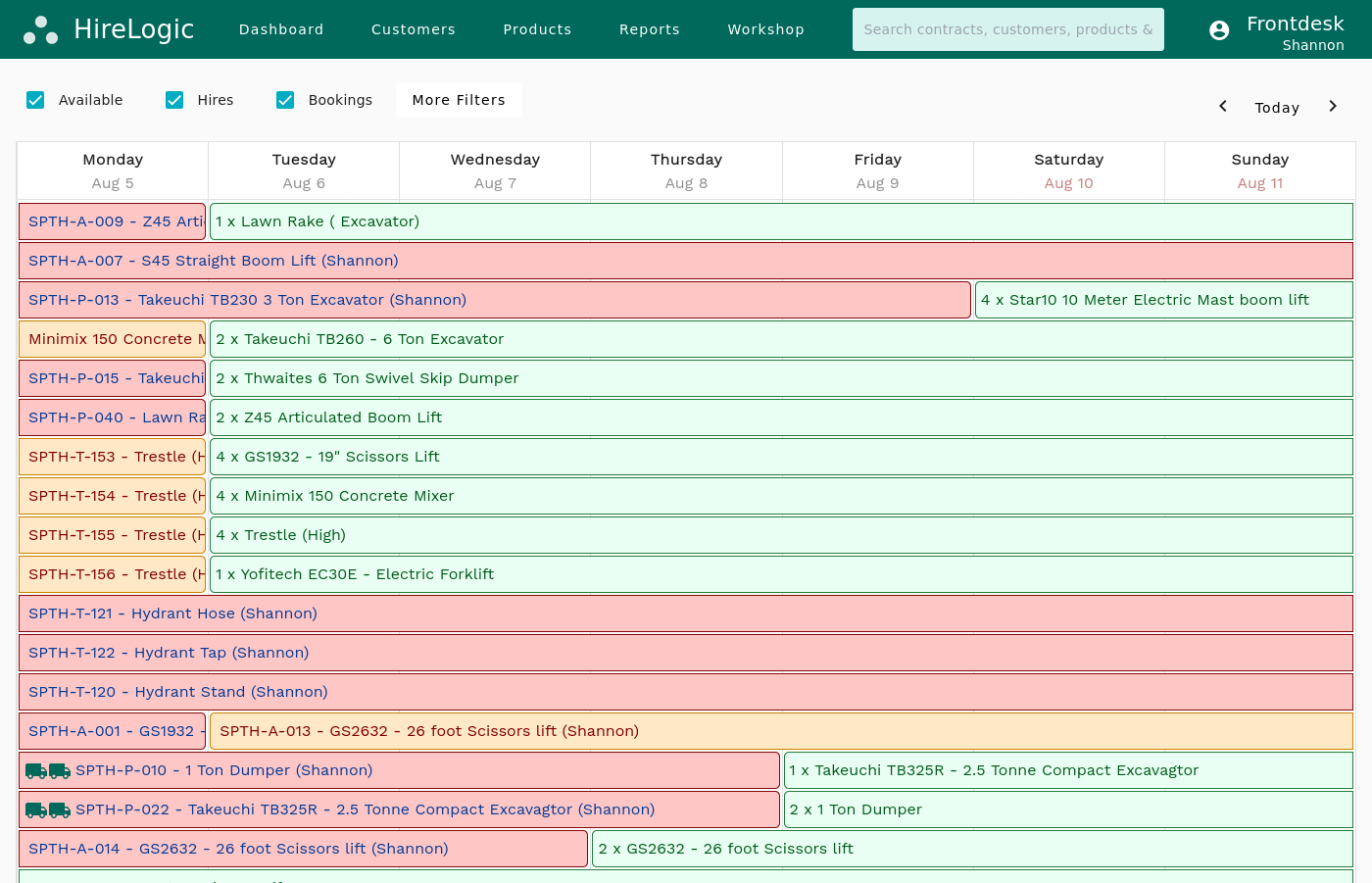 Equipment hire scheduling software calendar showing advance bookings in day, week and month views