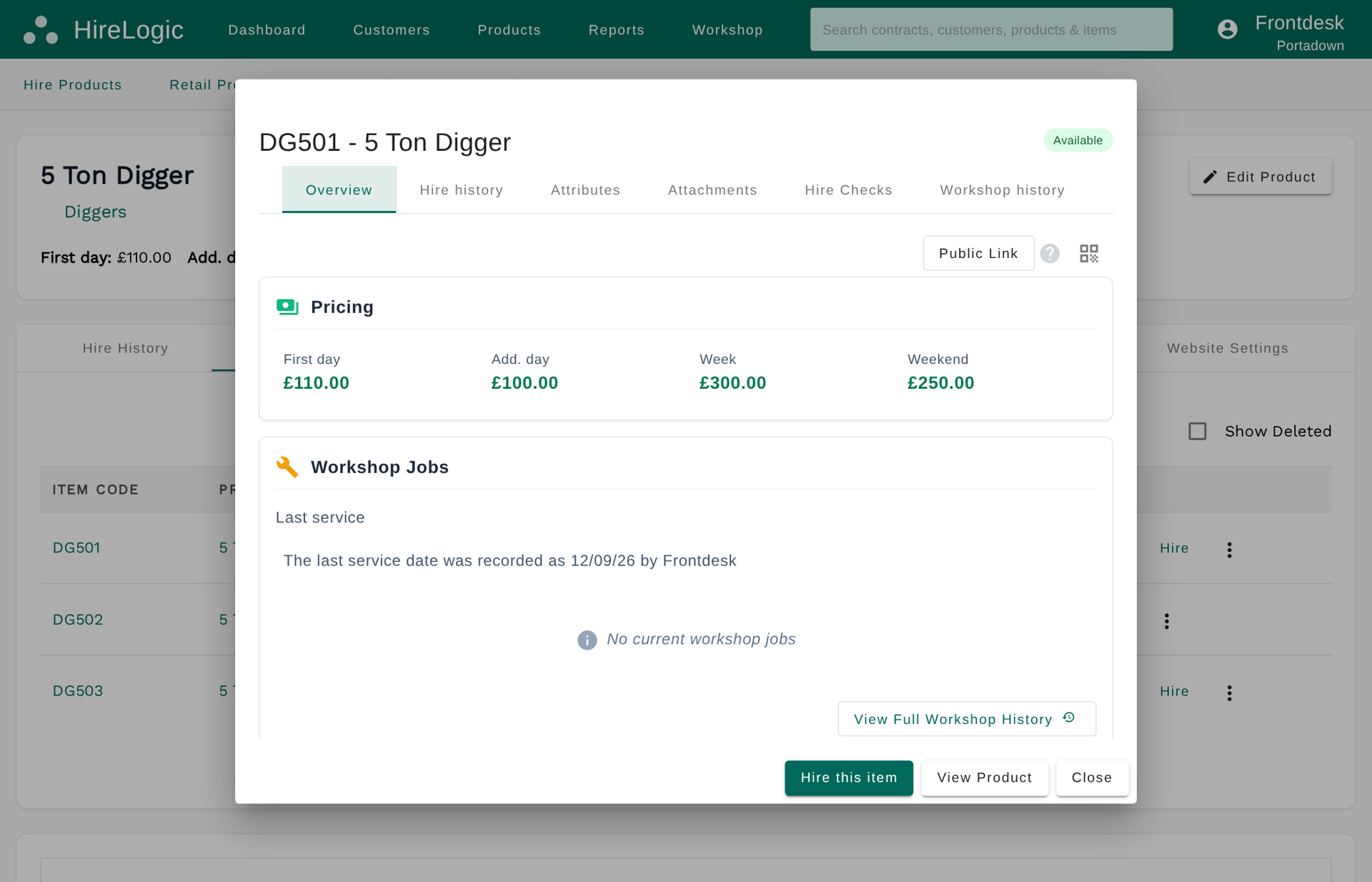Hire inventory management software item record showing availability, pricing, workshop jobs and QR code access