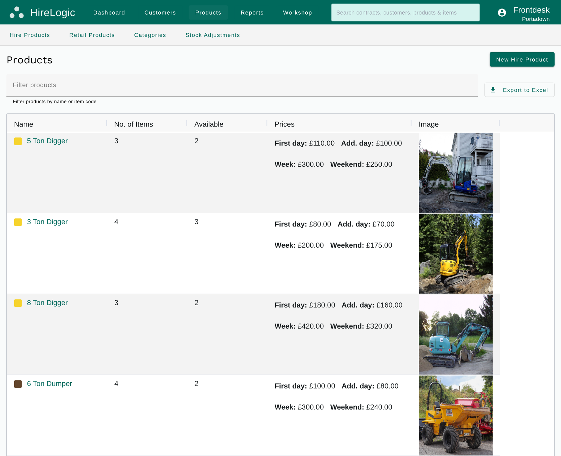 Plant hire software product list with diggers and dumpers, item counts, availability and hire rates