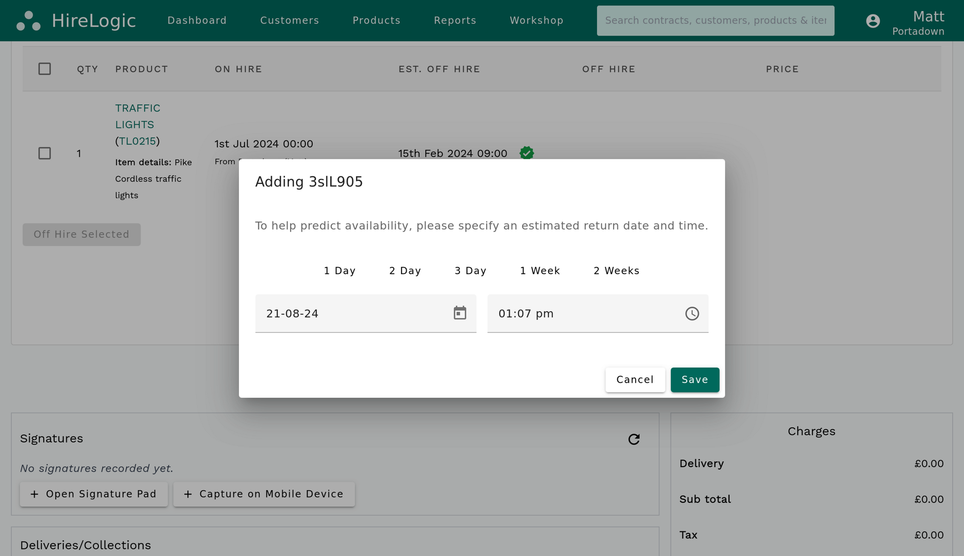 Equipment hire booking software hire contract listing on-hire and estimated off-hire dates for each item