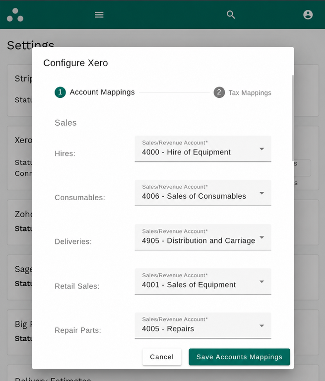 Equipment hire software with Xero integration showing the self-serve account and tax mapping setup wizard