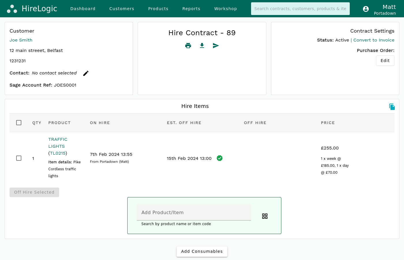 Equipment hire software with Sage integration: a HireLogic hire contract with charge lines ready to raise as a Sage 50 invoice