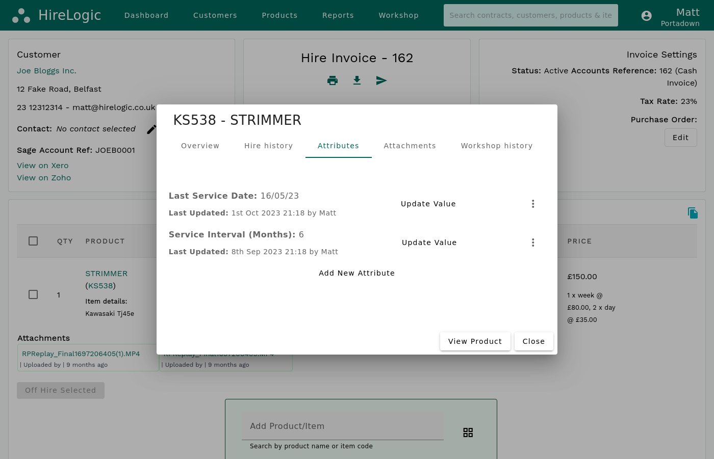 Hire inventory management software item record showing service intervals, attributes and workshop history