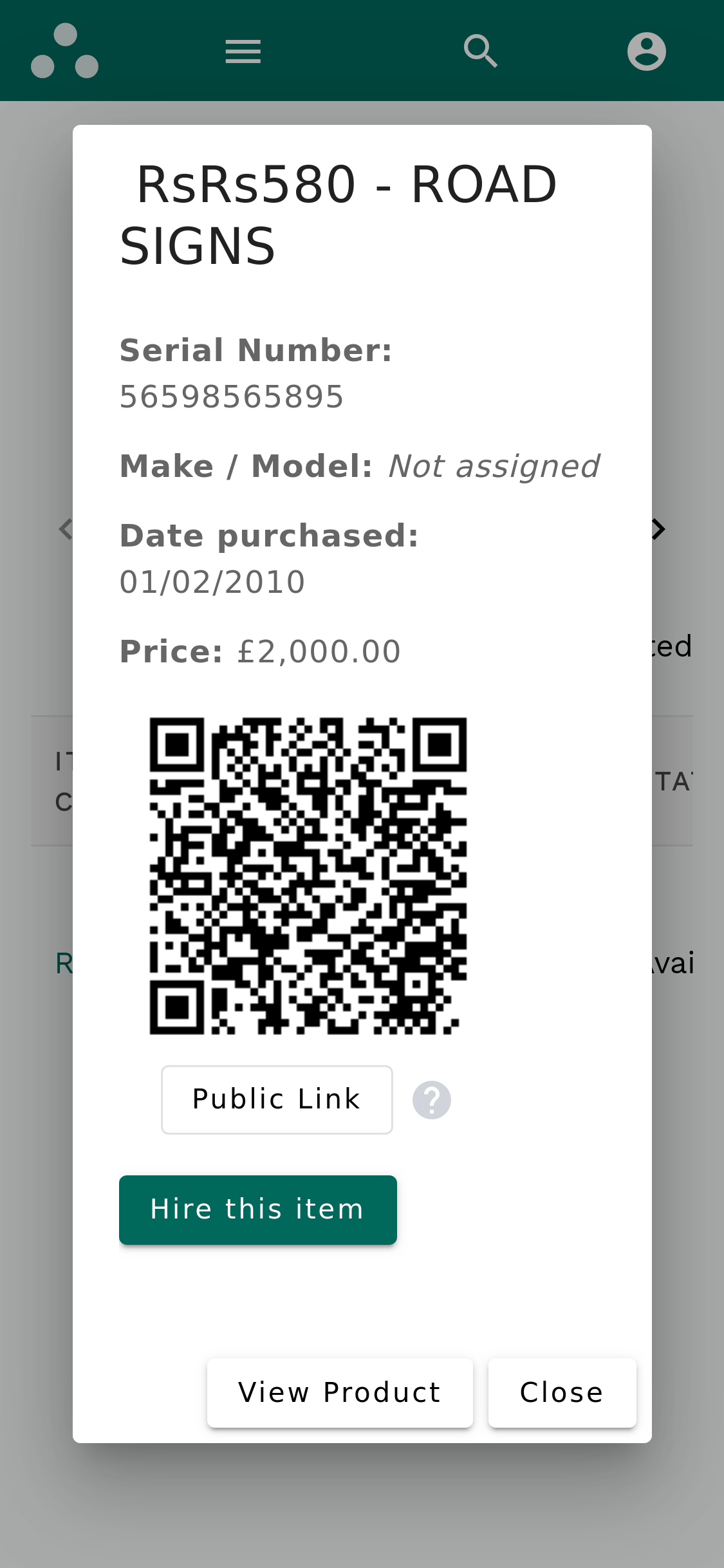 Hire inventory management software mobile item summary with serial number, purchase details and QR code