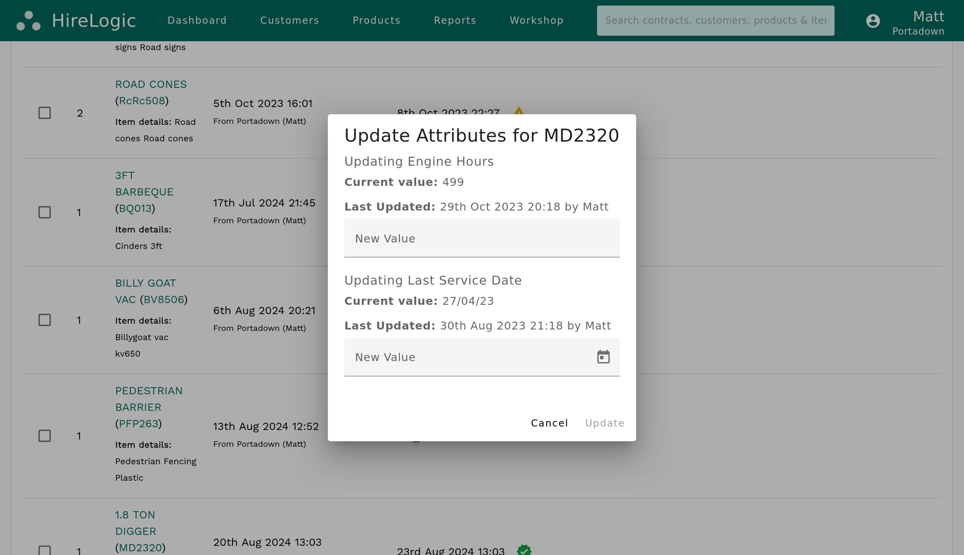 Hire inventory management software showing tracked engine hours and the last service date for an equipment item
